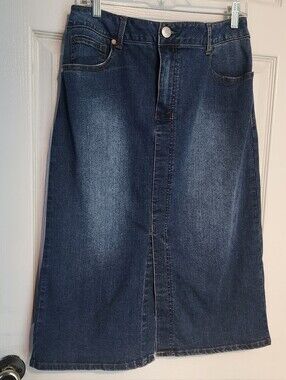 1822 Dark Wash Denim Midi Skirt - Dark Blue Slit Size 16